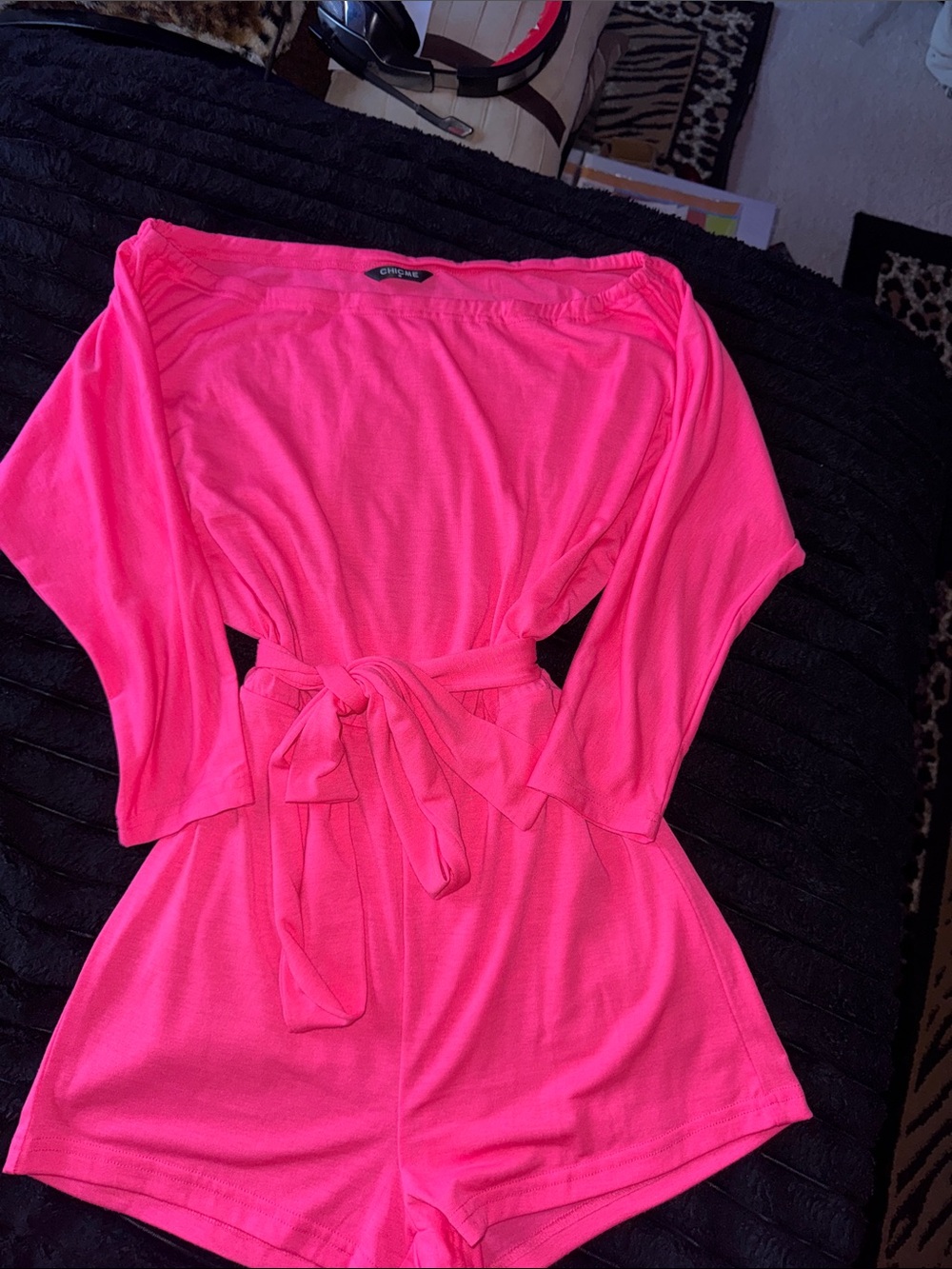 Bright Pink Women's Romper with Tie Waist